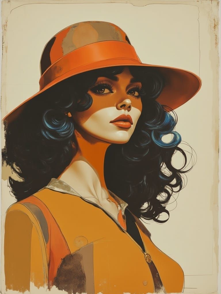 Woman with Curly Hair in Art Deco Style