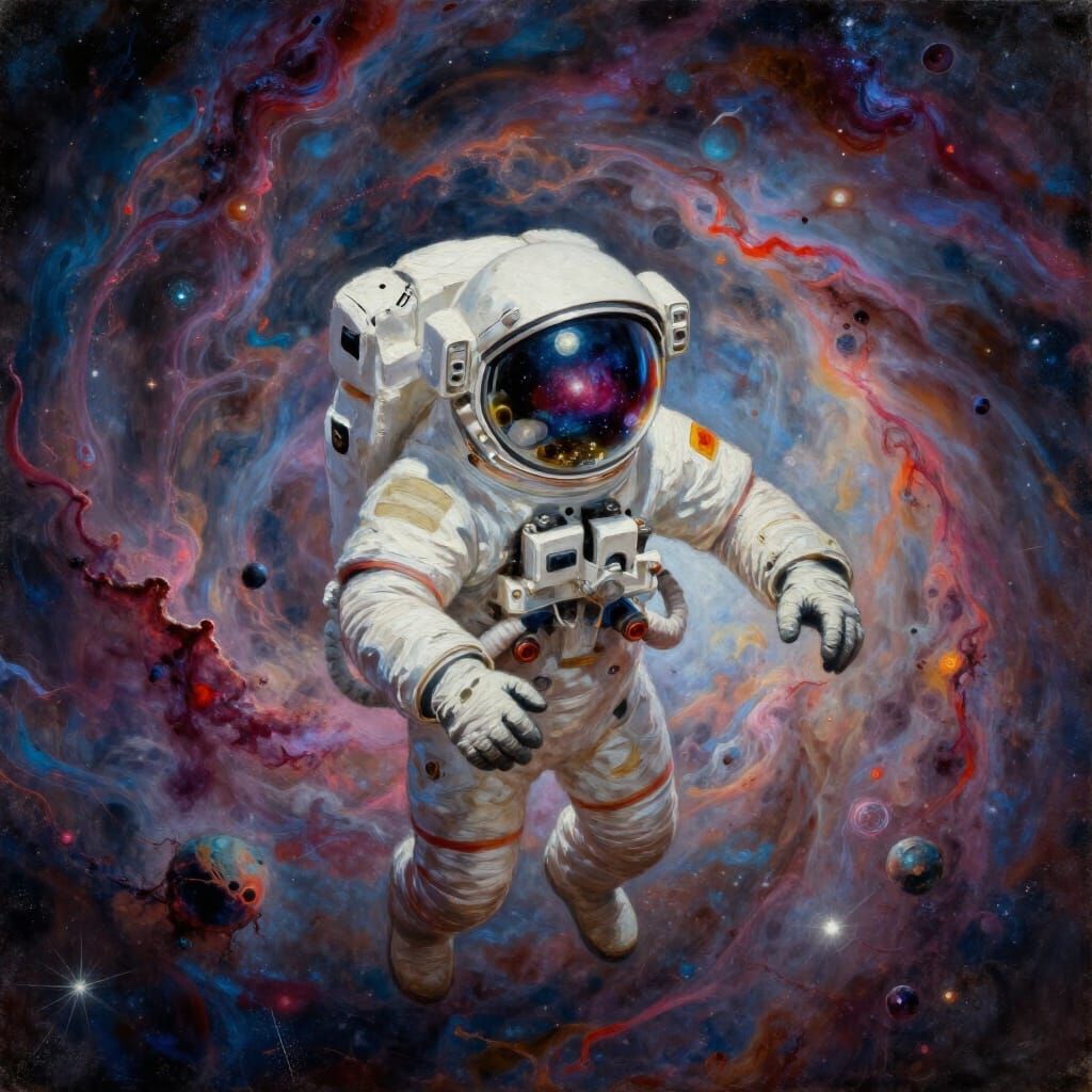 Astronaut Adrift in Cosmic Nebula Reflecting Galaxies