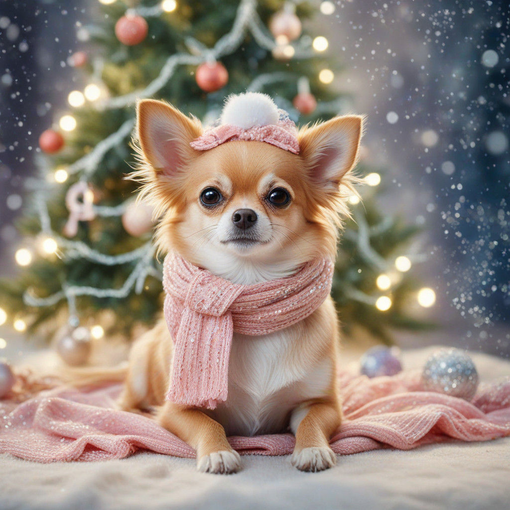 Whimsical Christmas Scene with Santa Chihuahua and Sparkling...
