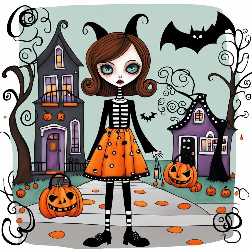Halloween Street Scene in Folk Art Style