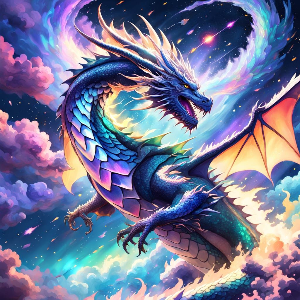 Majestic Dragon Soars Through Nebula in Vibrant Splash Art