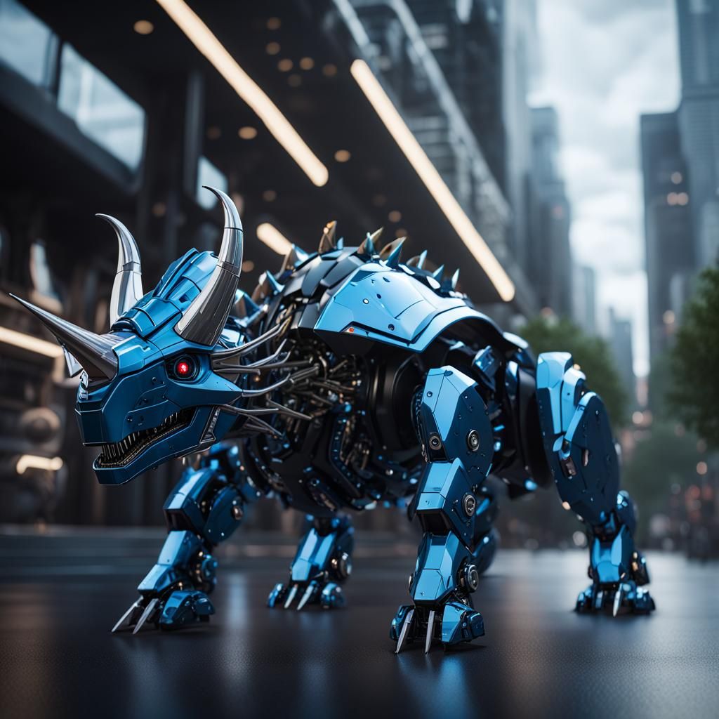 Robotic blue and black triceratops, robust with a mean look, intricate mech details, ground level shot, 8K resolution, C...
