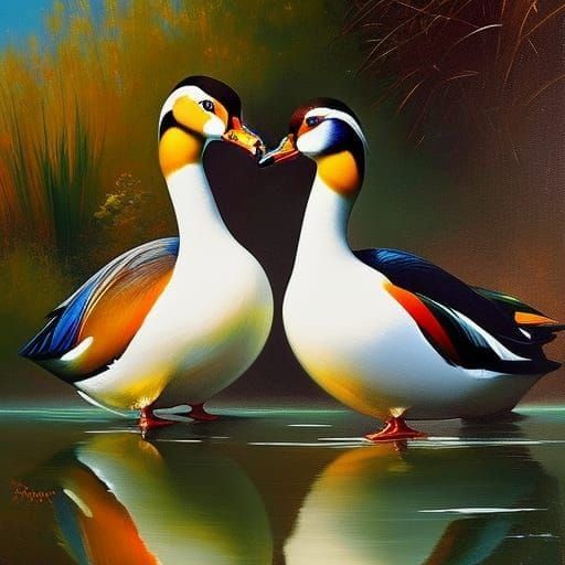 Rainbow Mandarin Ducks in Detailed Digital Painting