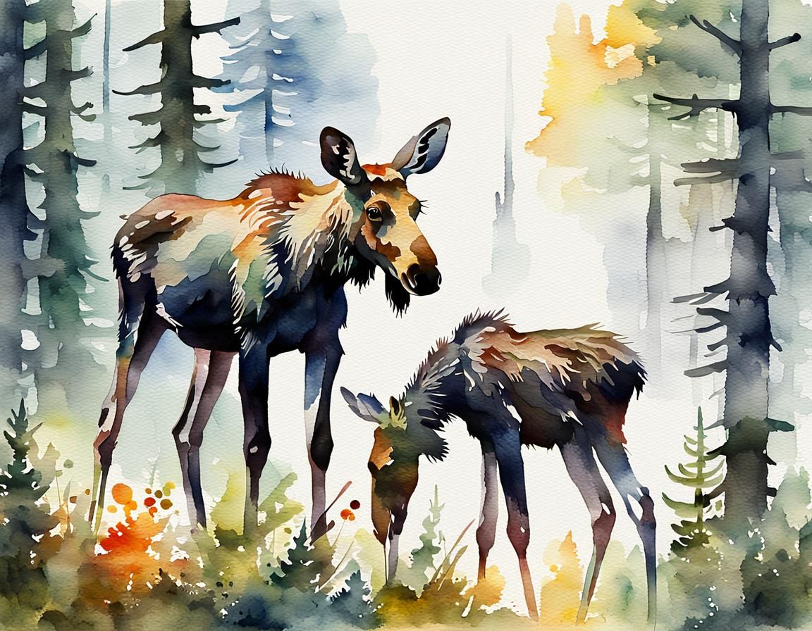 Watercolor Baby Moose in Forest, Gouache Style