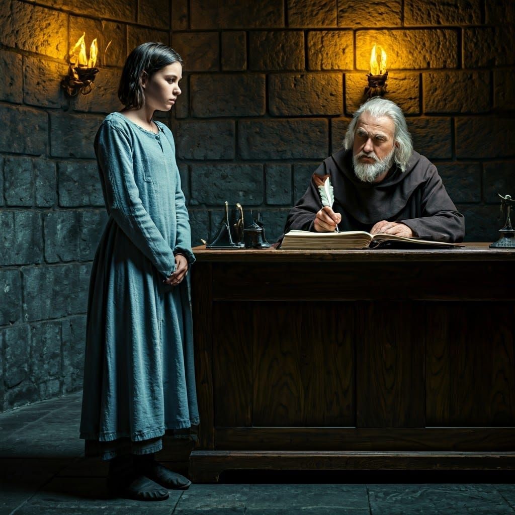 Frightened Girl Confronts Annoyed Scribe in Medieval Setting