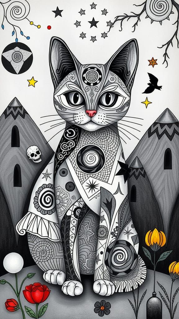 Zentangle cat collaboration Paul Klee and Tim Burton, Picasso's integrated flowing composition, colorized brooding gray...