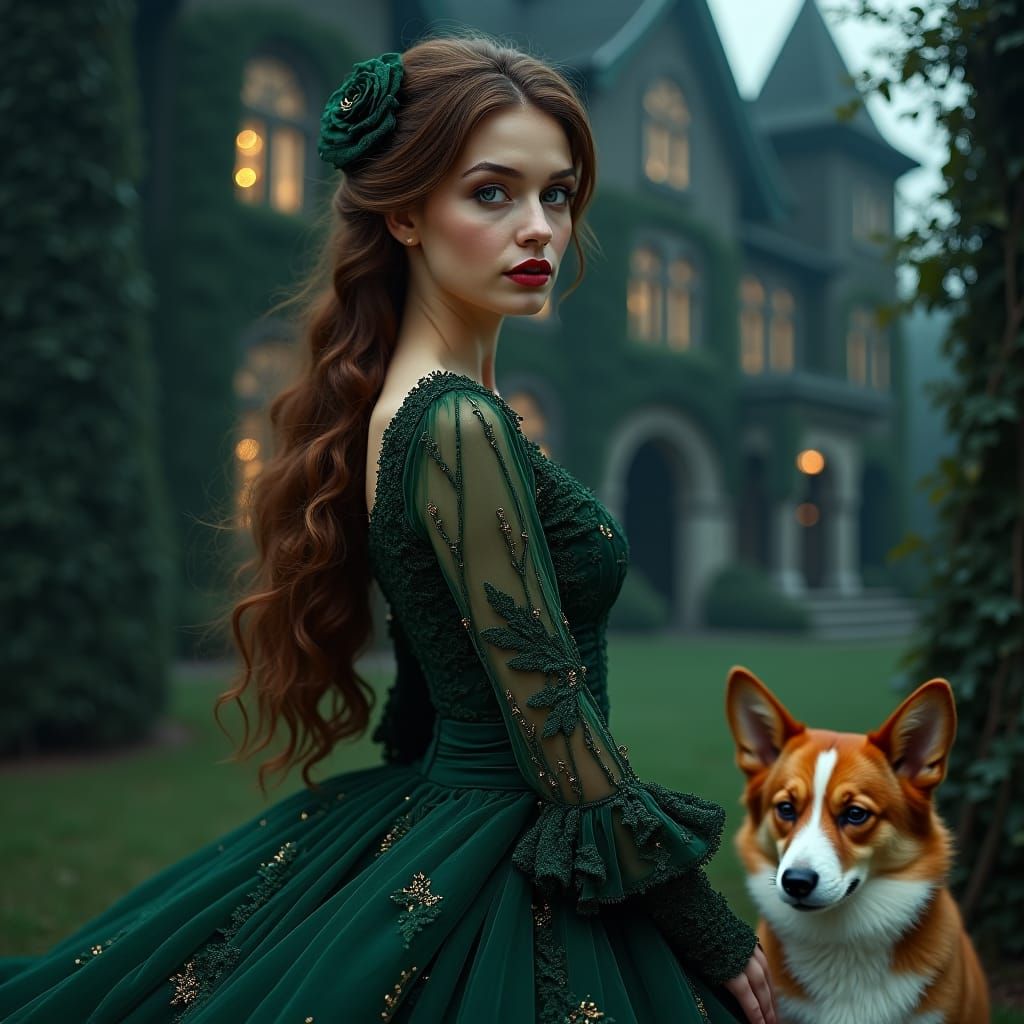 Emerald Gown: Gothic Portrait of Woman and Corgi