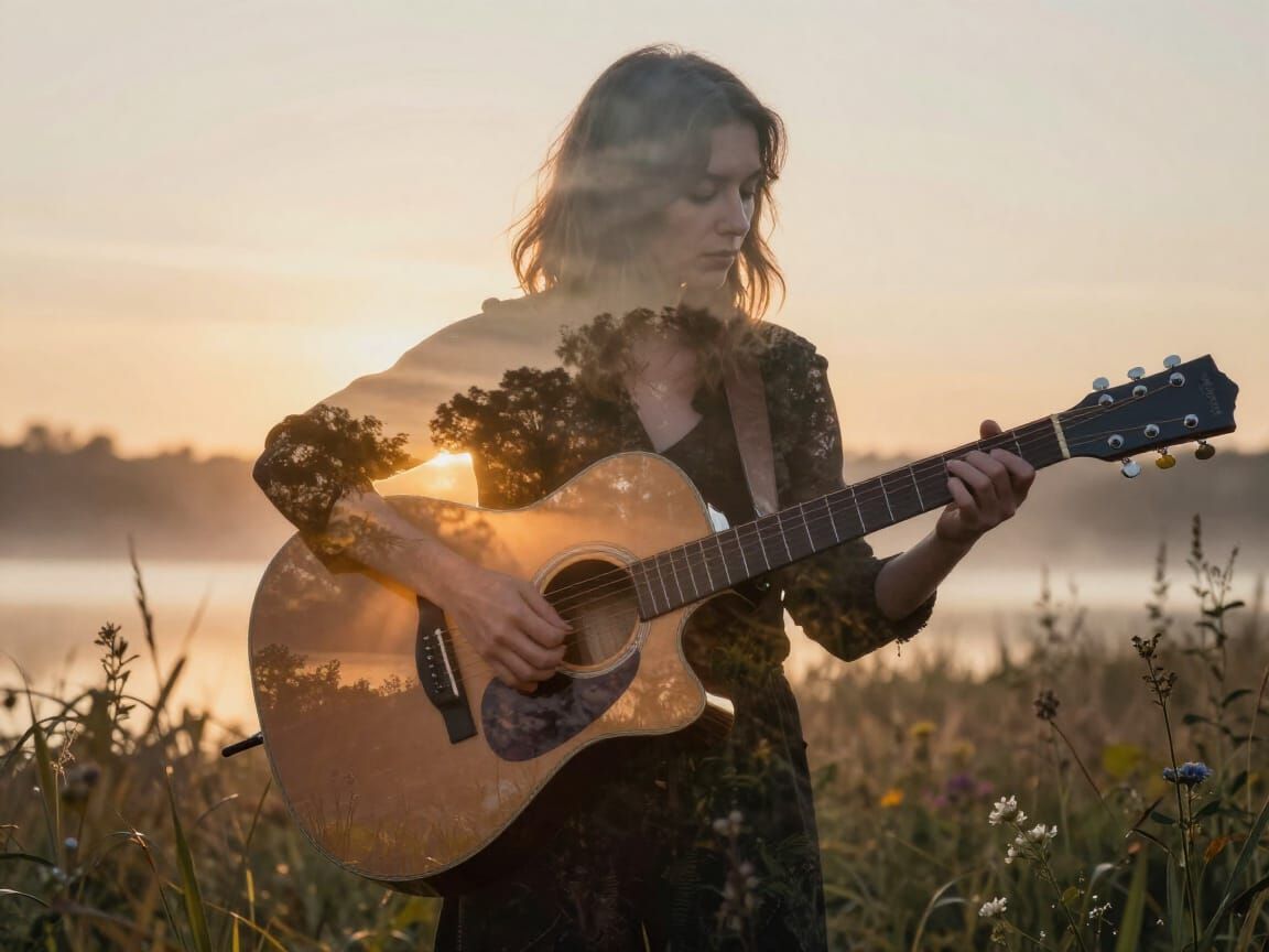 Woman Playing Guitar Merged with Forest Sunset Landscape