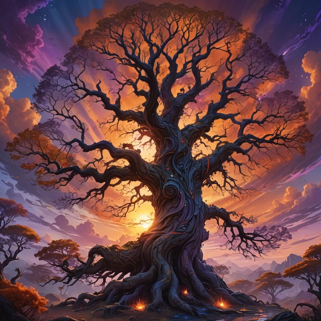 Mystical Tree Silhouetted Against Fantasy Sunset