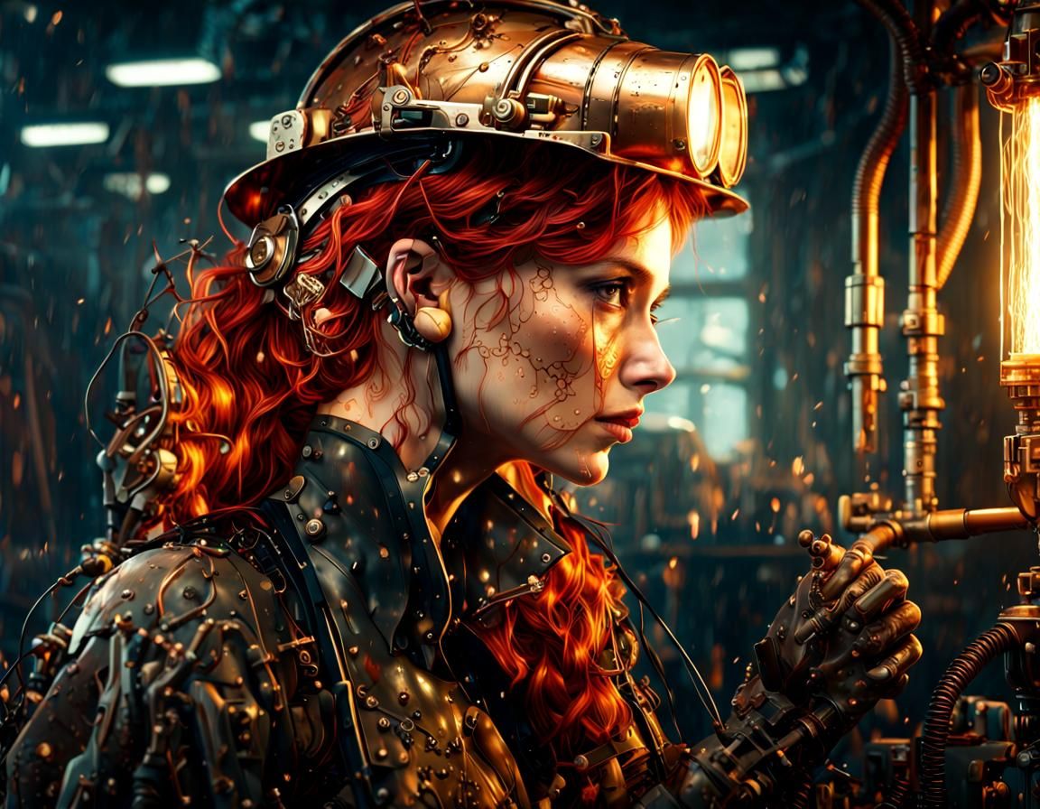 Steampunk Redhead Welder in Victorian Factory