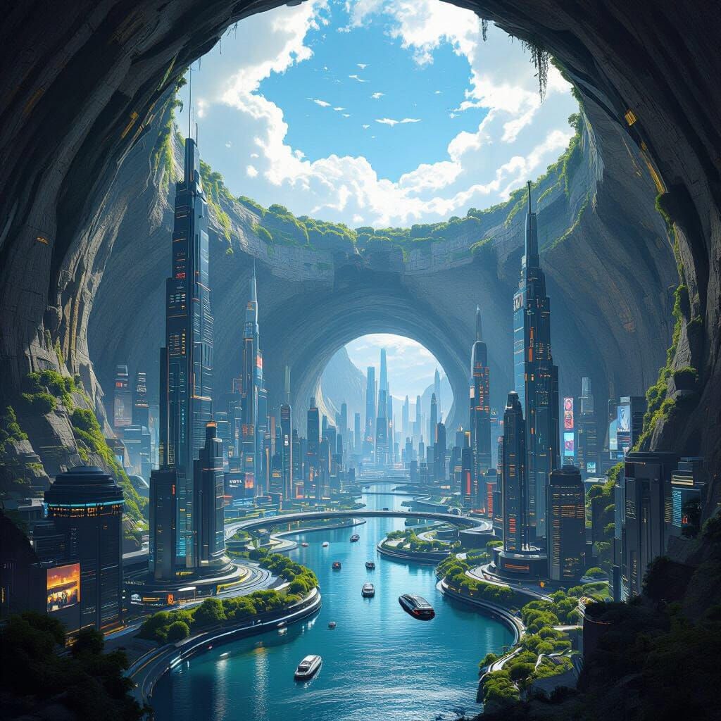 Cyberpunk Metropolis Integrated Inside Mountain, Unreal Engi...