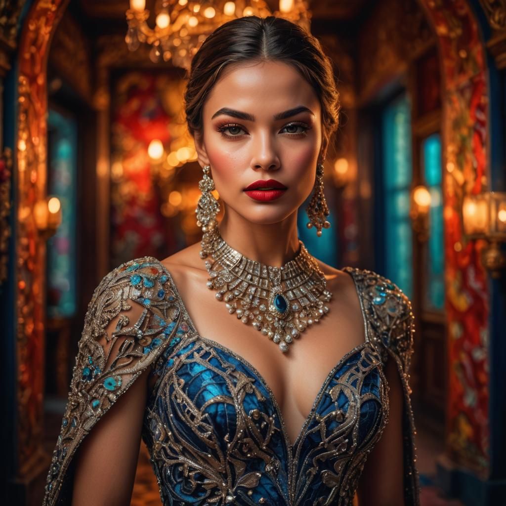 Beautiful Woman in Dazzling Dress, Hyperrealistic Image