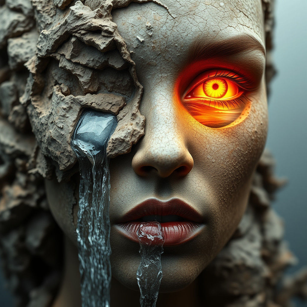 Surreal Stone Woman with Celestial Eyes, Hyperrealistic Phot...