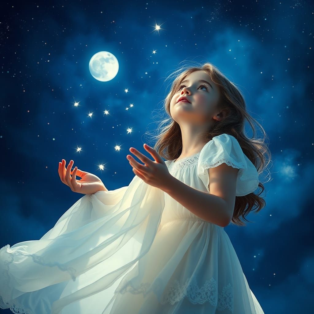 Girl Catches Falling Stars in Cobalt Sky