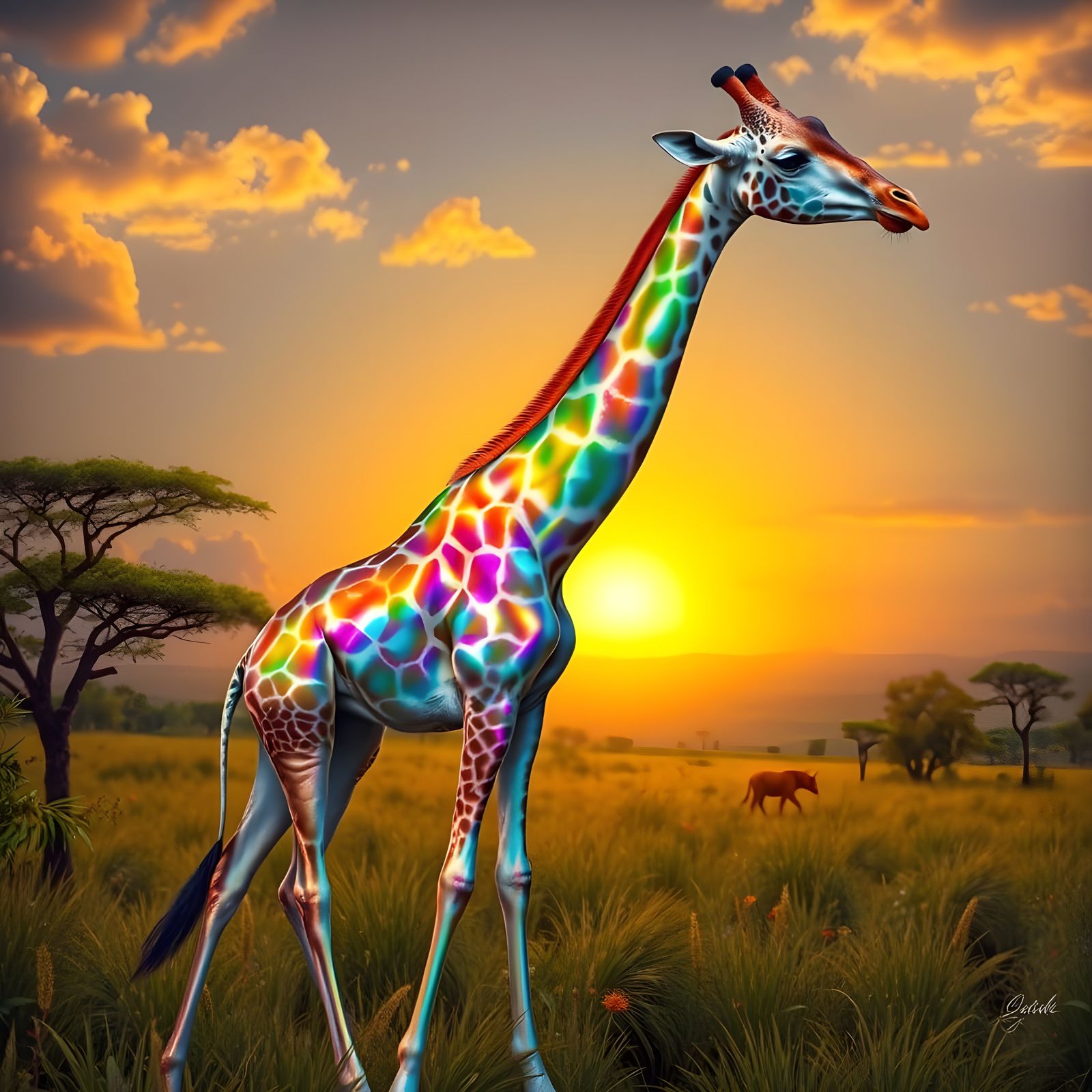 Iridescent Giraffe in Dreamlike Savanna at Dawn