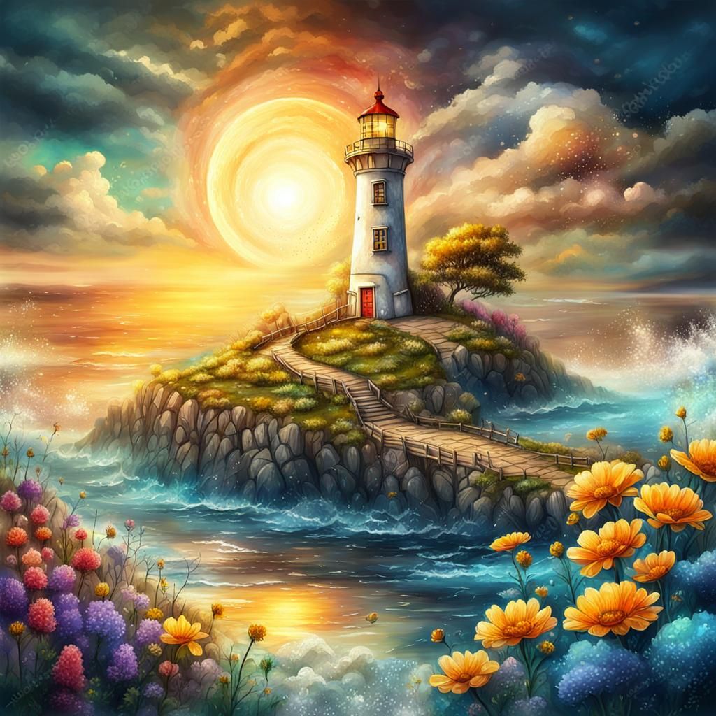 Fantasy Lighthouse Landscape in Surreal Ink Art Style