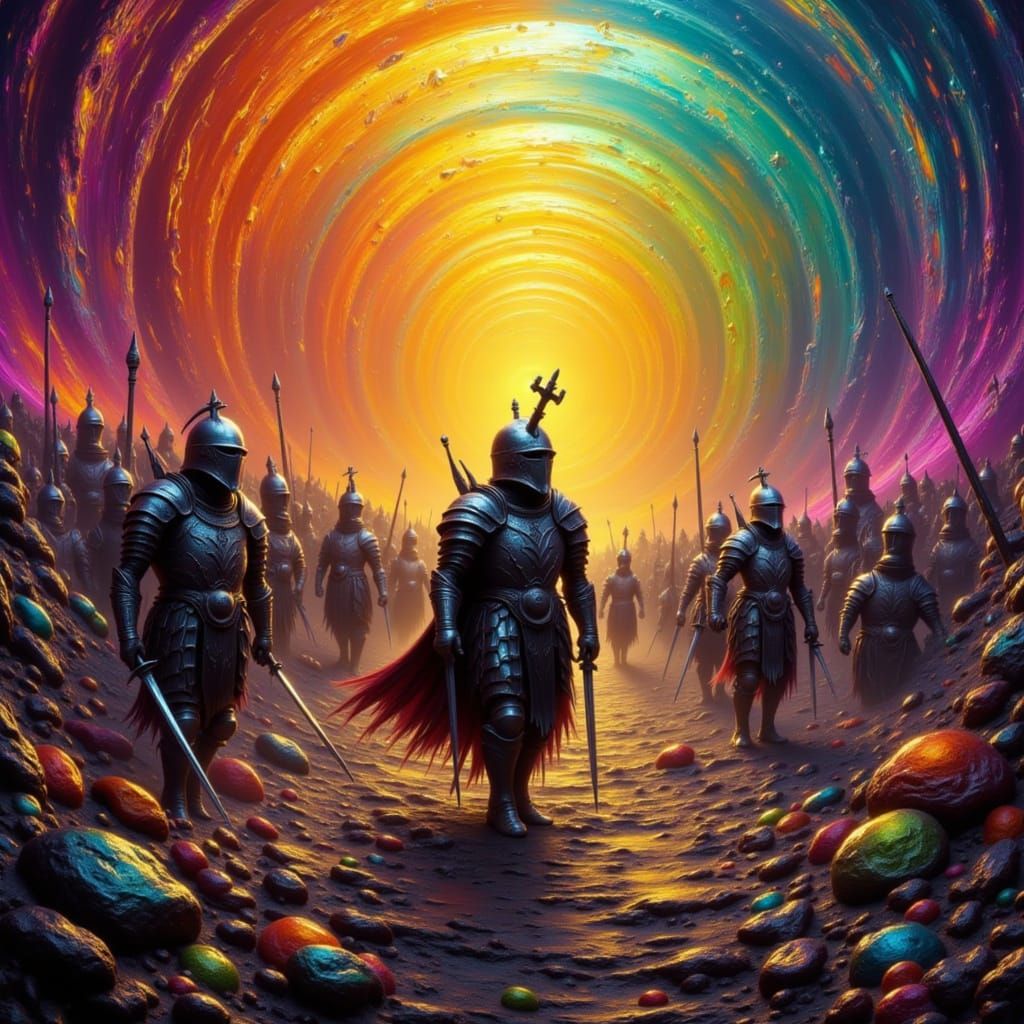 Medieval Warriors in a Vortex Tunnel, Impasto Style