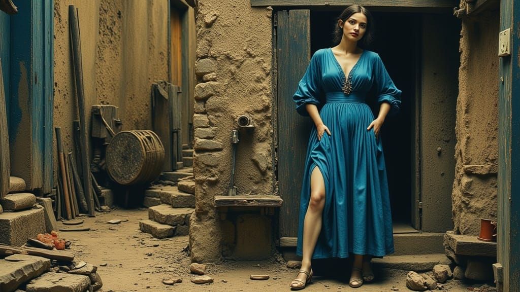 Woman in Detailed Blue Dress, Folk Art Style