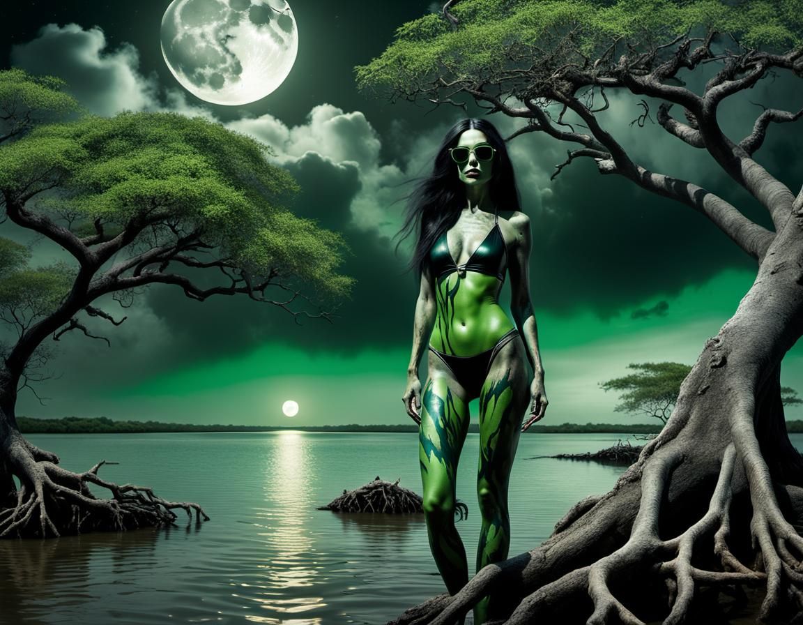 Zombie Woman Moon Bathing in Mangrove Jungle