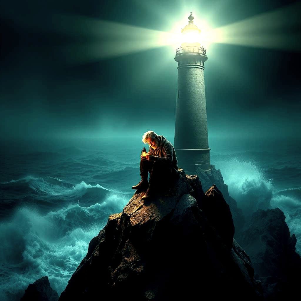 Gloomy Lighthouse Keeper on Rocky Spire
