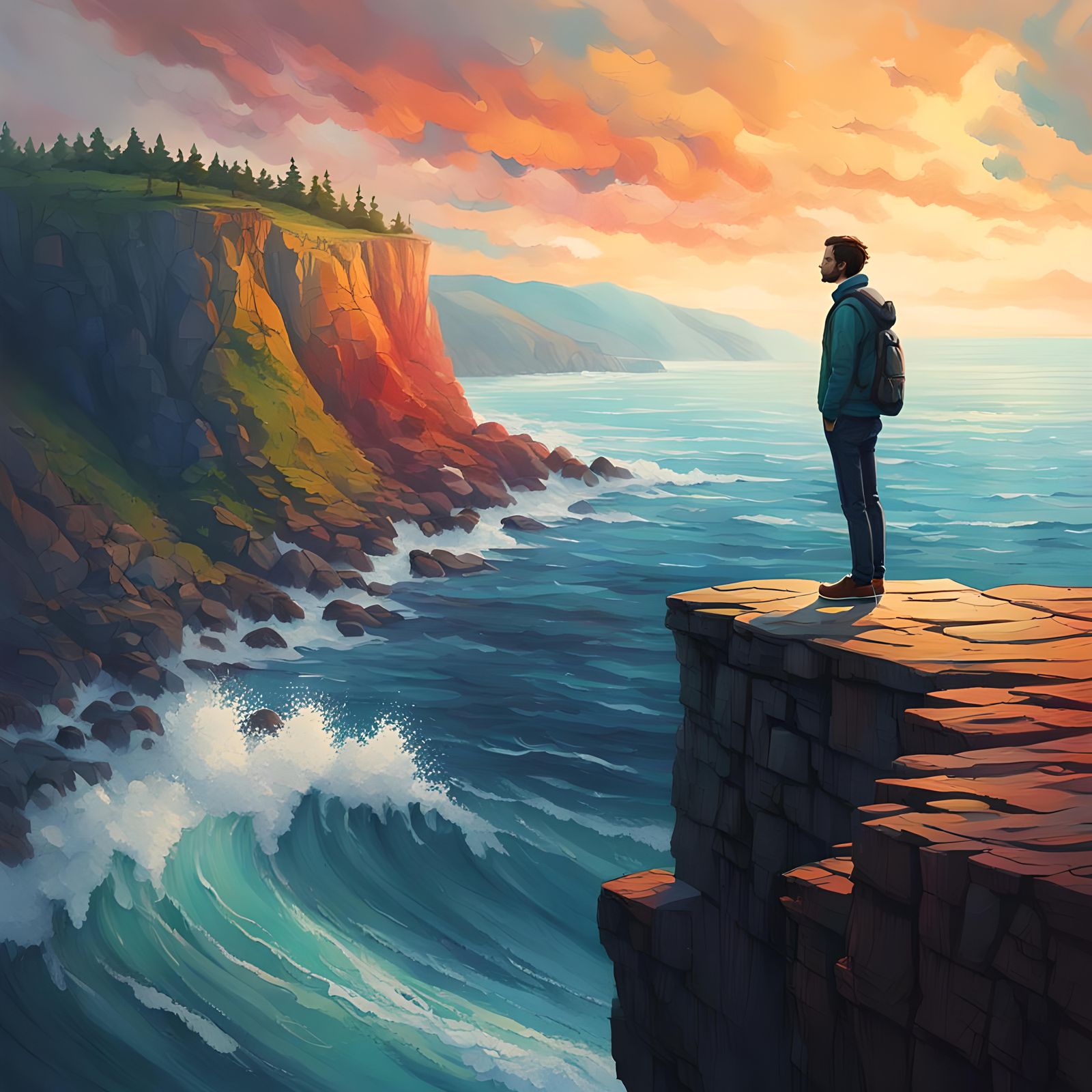 Sad Figure on Ocean Cliff: Hyperrealistic Splash Art