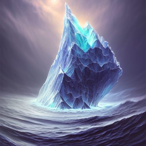 Glass Ship and Iceberg in Dramatic Lighting