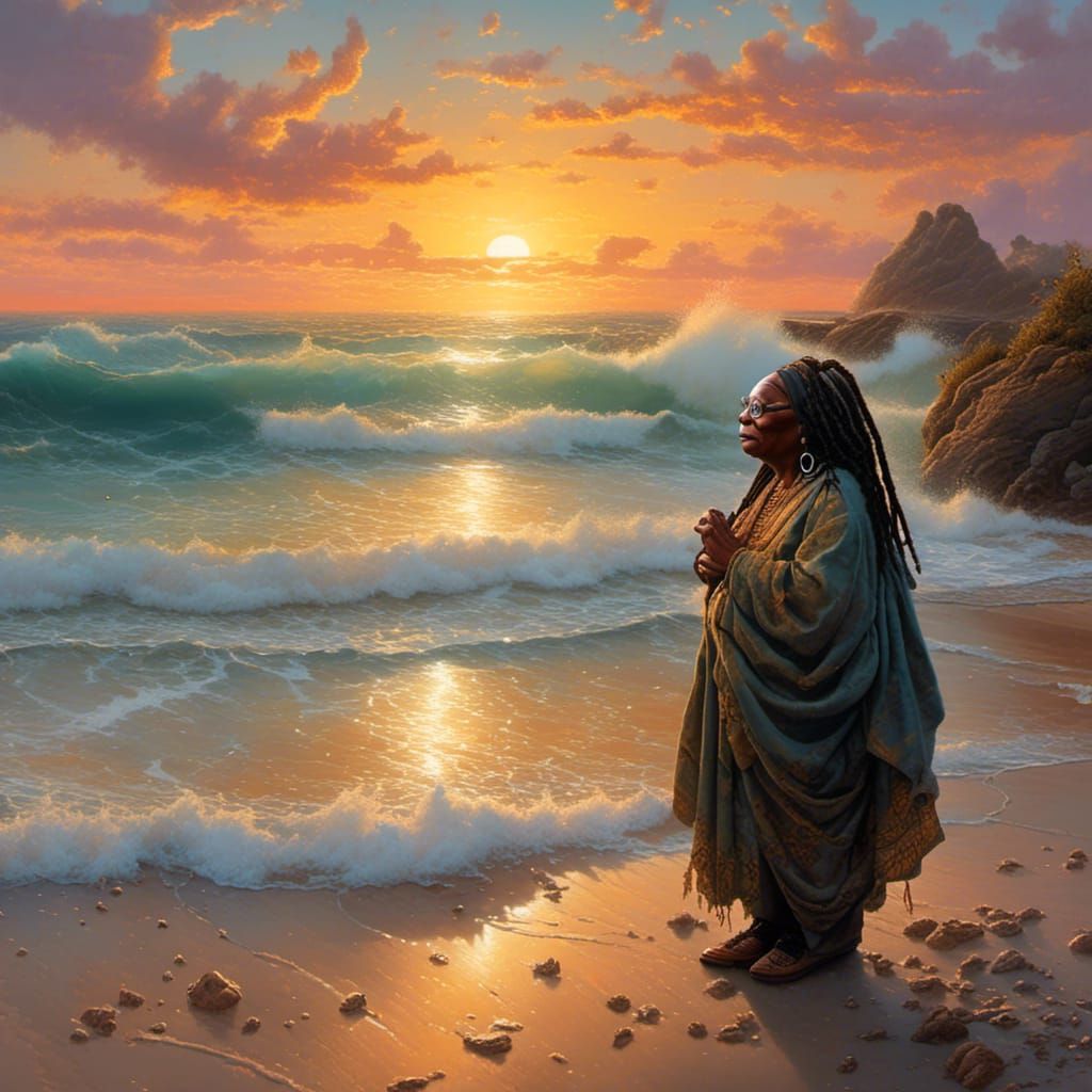 Whoopi Goldberg on the beach at sunset