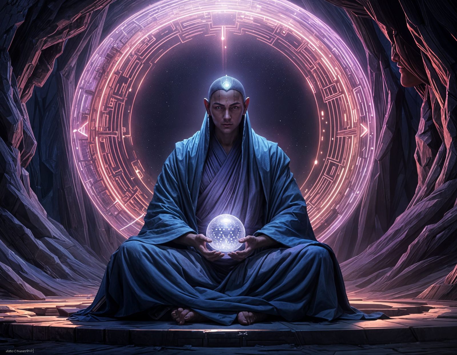 Cybermonk Meditation Before Luminescent Orb, Digital Art