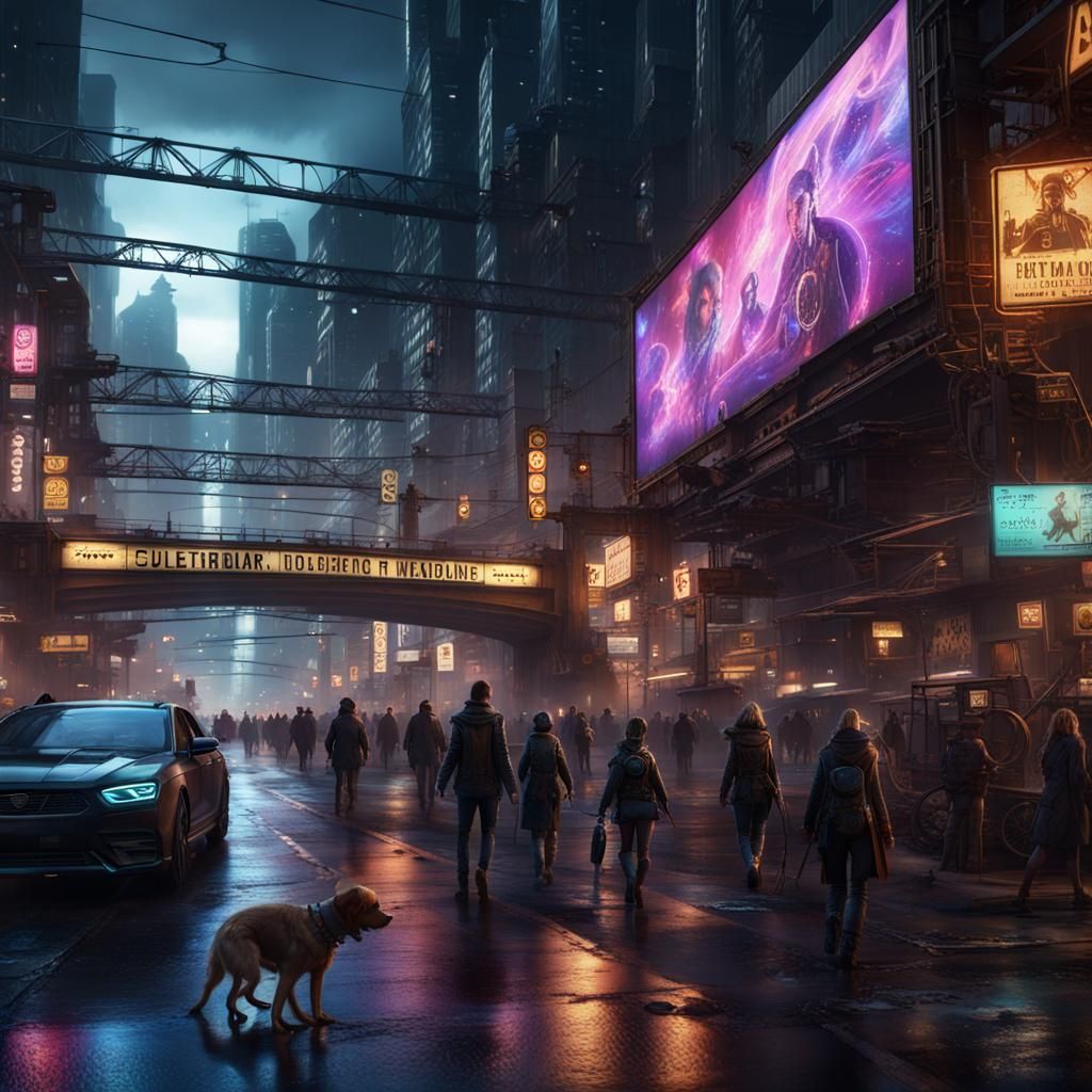 Cyberpunk Steampunk Street Scene at Night