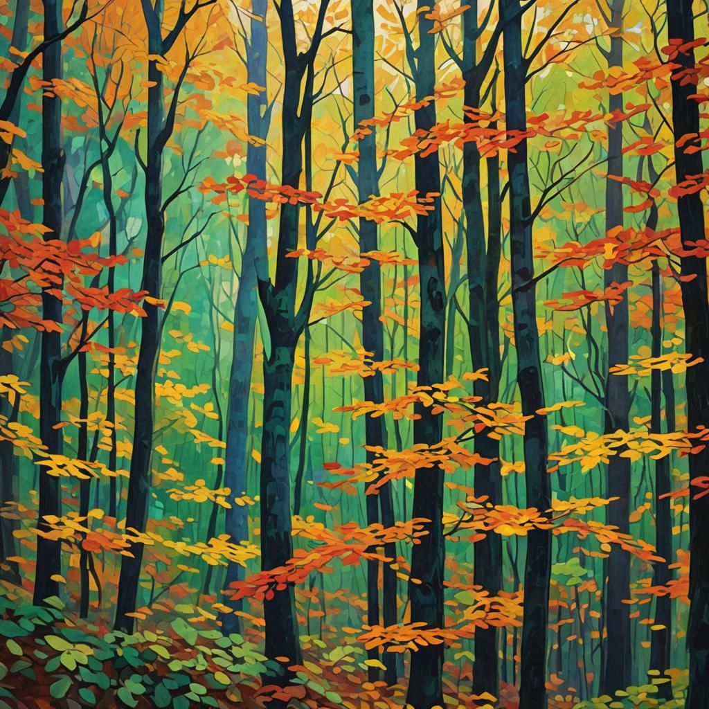 Fauvist Autumn Forest at Twilight in Warm Colors