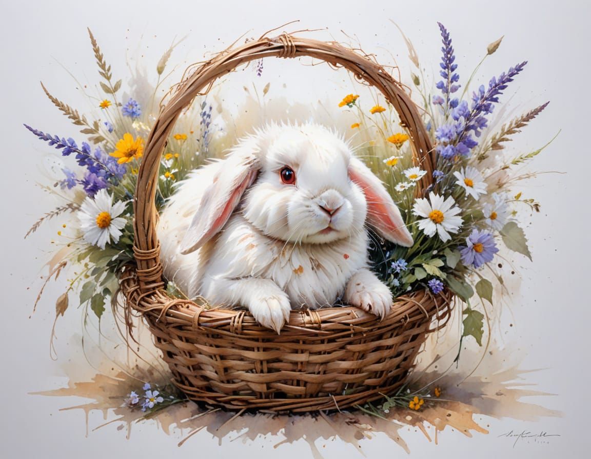 Angora Rabbit in Wicker Basket with Wildflowers