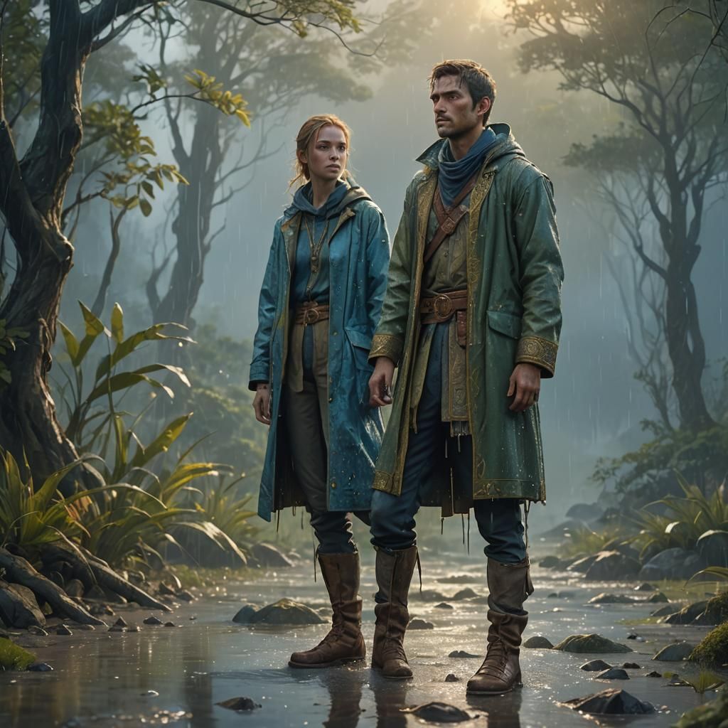 Person Stands Tall in Misty, Golden Rain