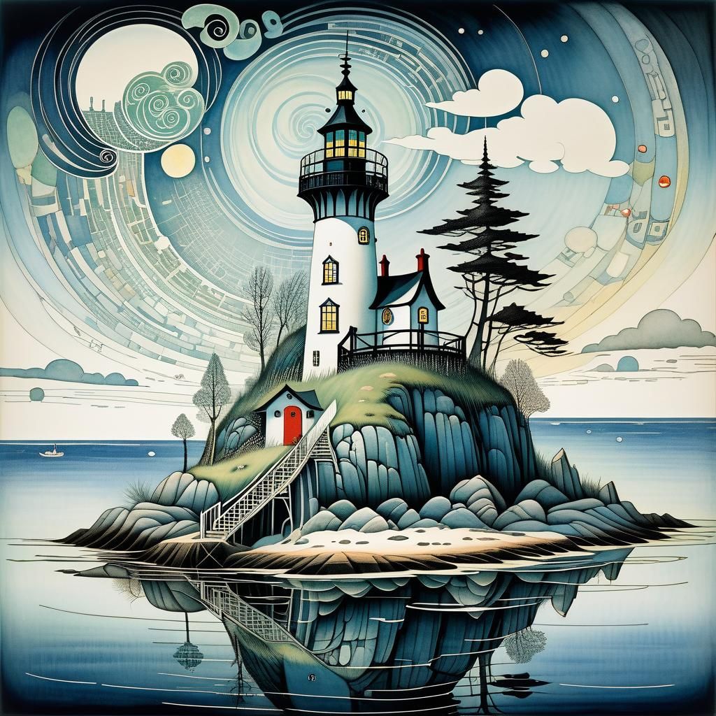 Lighthouse and Cottages in Classic Illustration Style