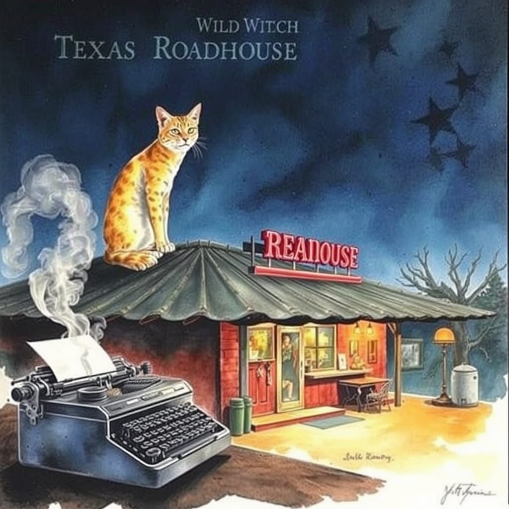 A watercolor painting of a wild Texas Roadhouse, feline on t...