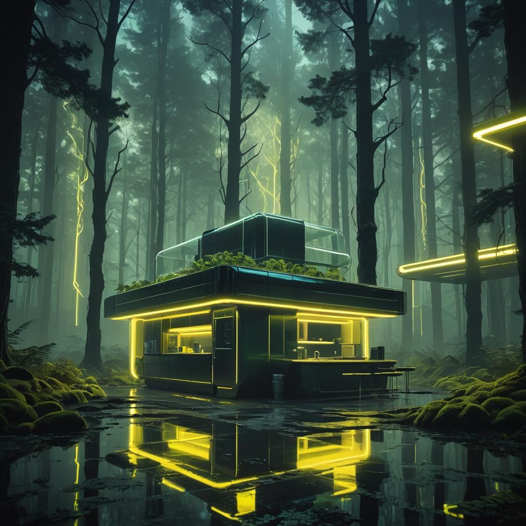 Neon Noir Kitchen in Dark Forest