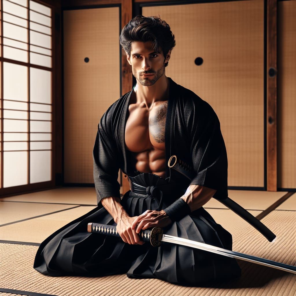 Handsome Samurai Kneeling in Dojo with Katana