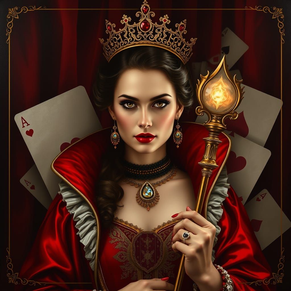 Regal Queen of Hearts in Baroque Portrait Style