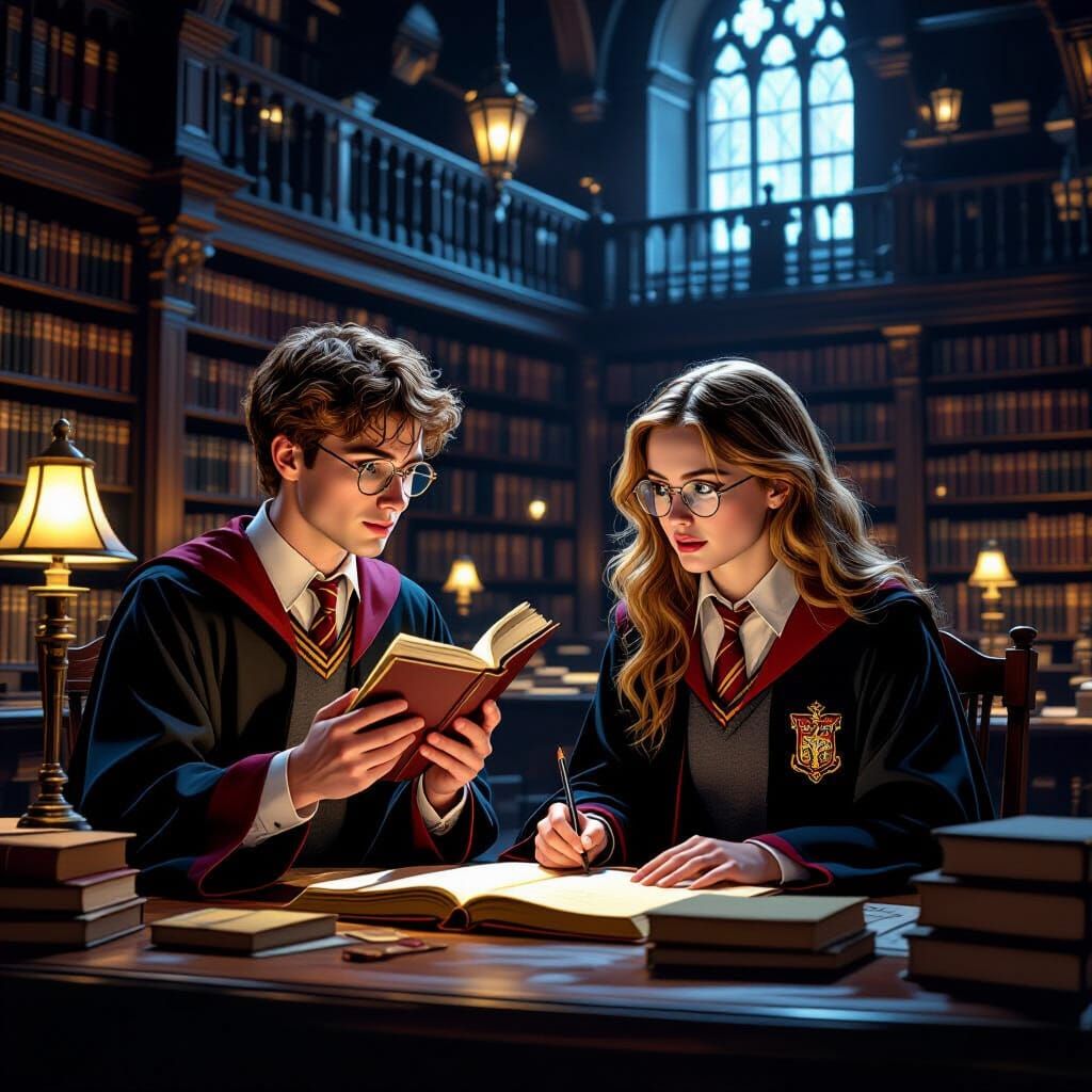 Krum Observes Hermione Studying at Hogwarts Library