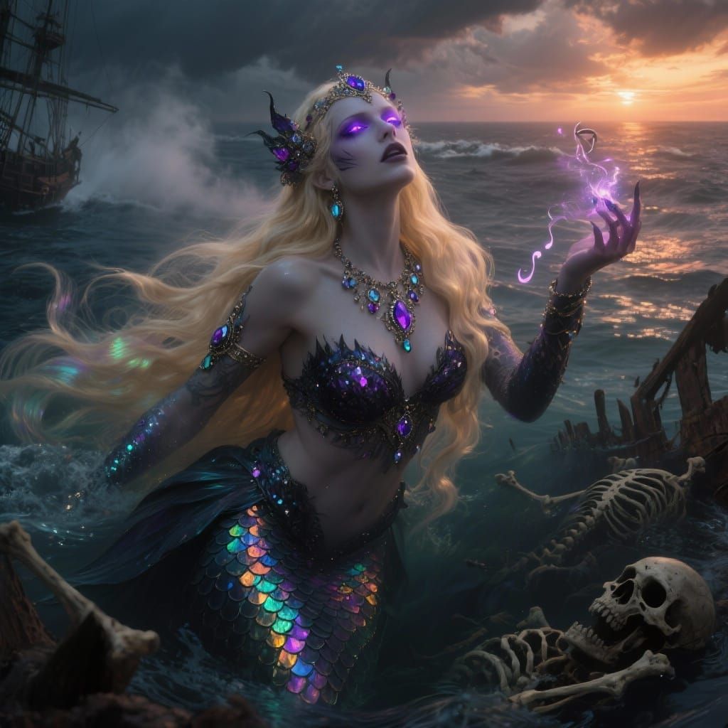 Mermaid Queen Emerges From Stormy Sunset Sea