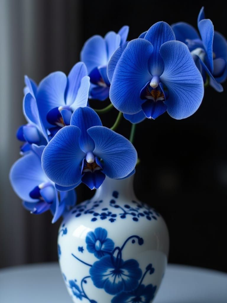 Dark Blue Orchid in Chinese Porcelain Vase