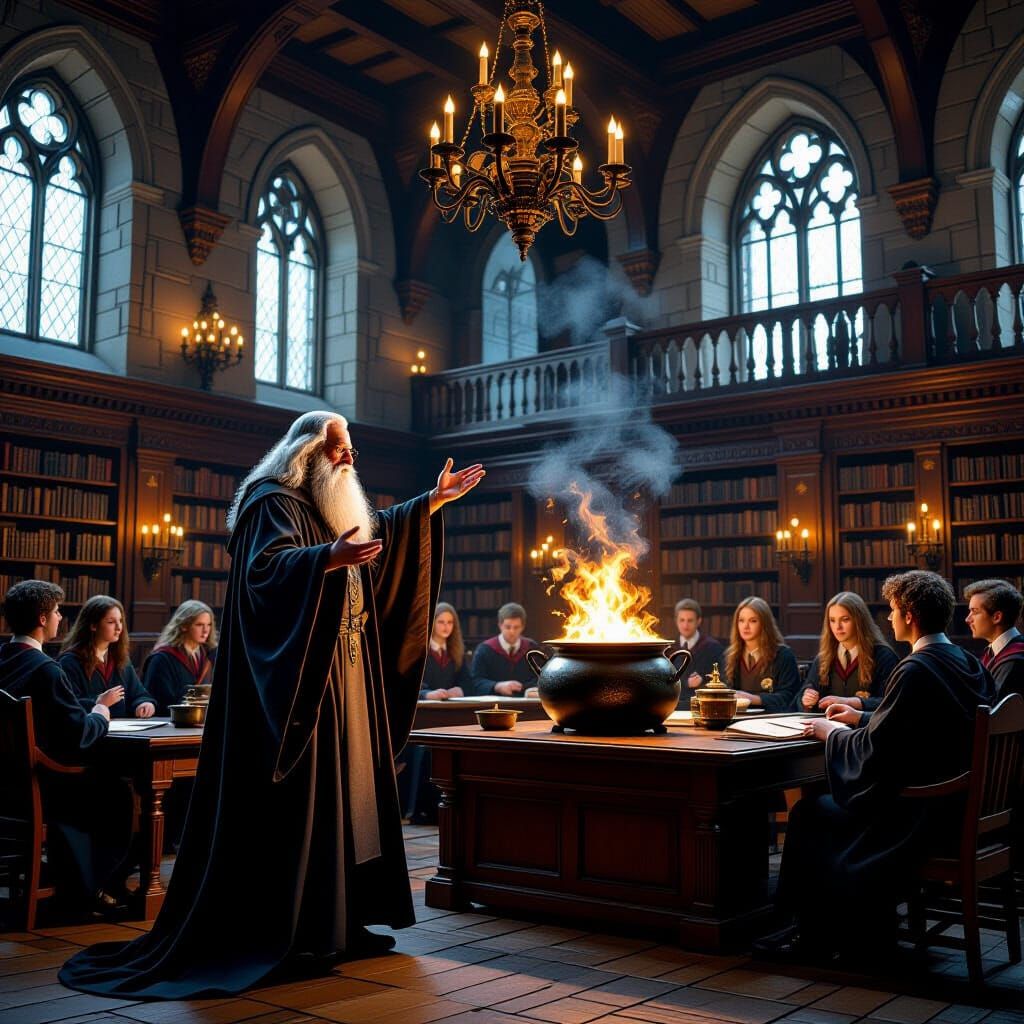 Hogwarts Classroom Scene with Bubbling Cauldron