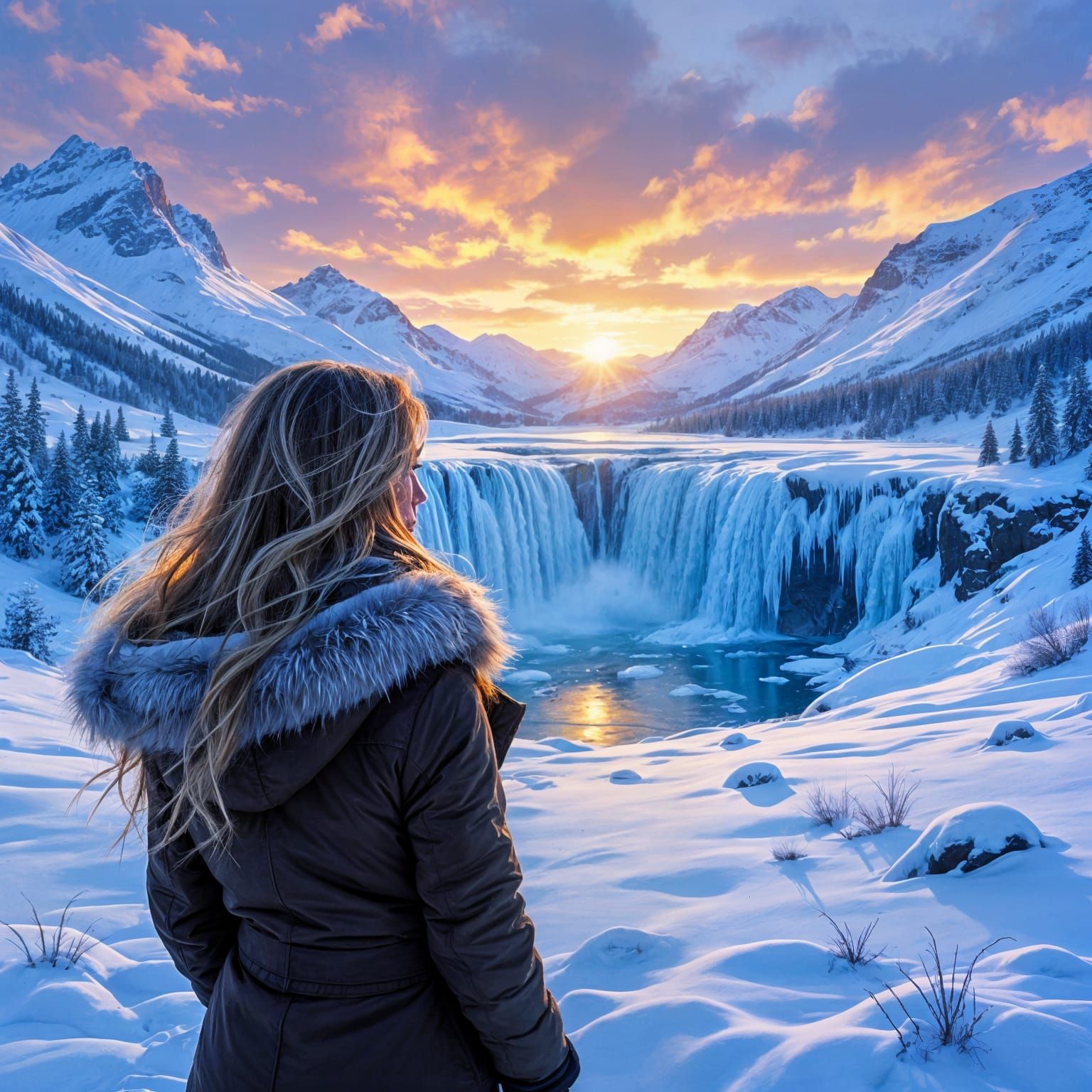 Winter Waterfall Scene with Woman and Sunset