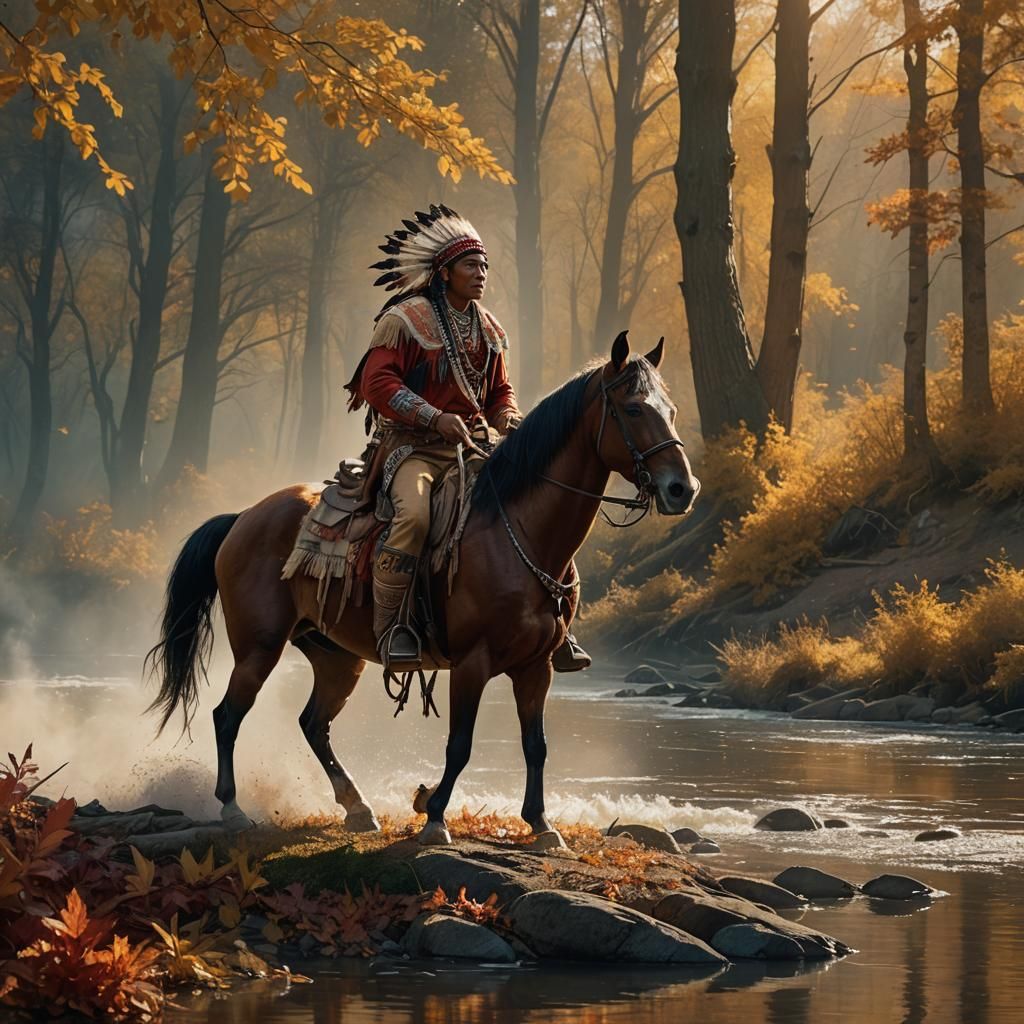 Sioux Indian on Horseback in Autumn Landscape