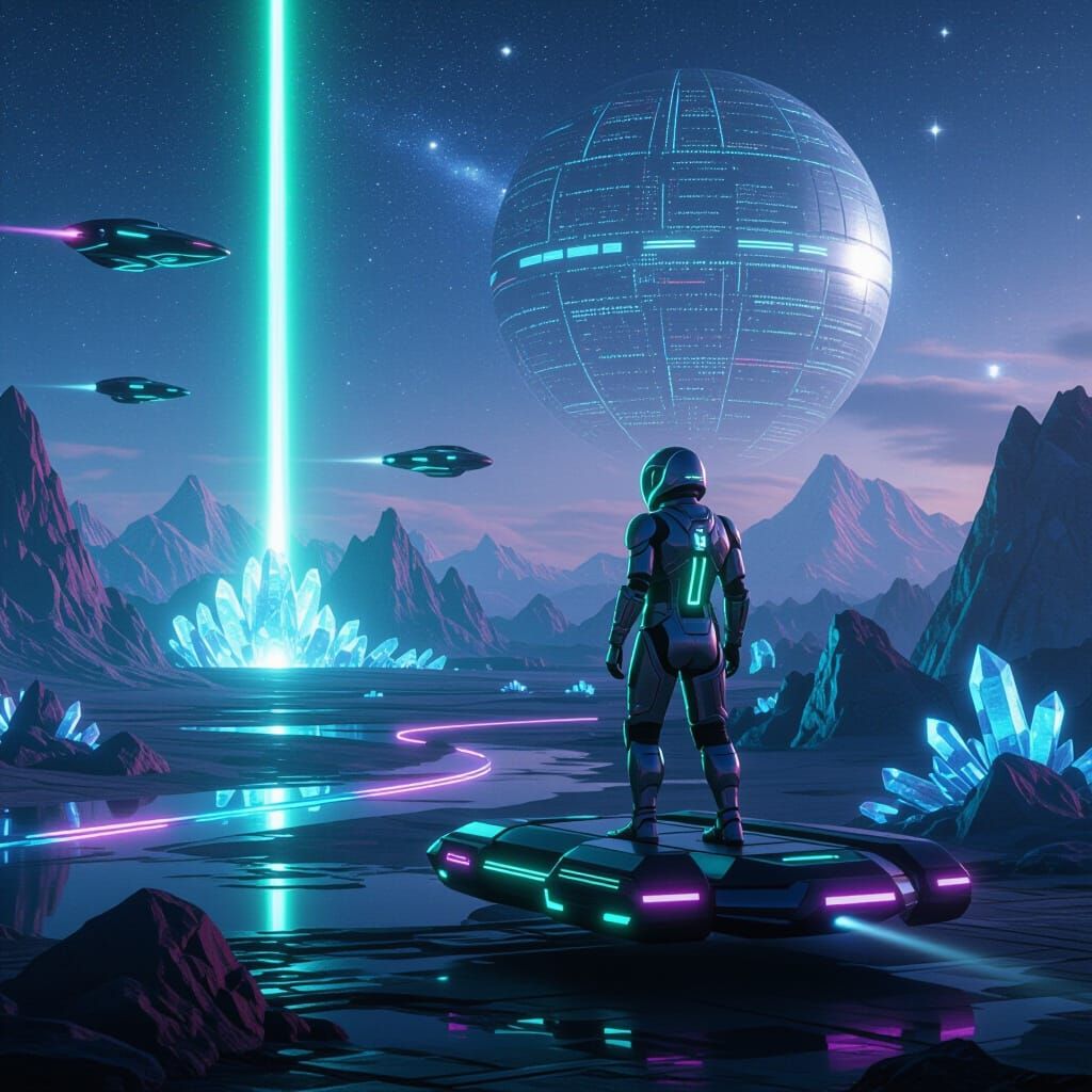 Exosuit Explorer on Alien Planet in Neon Futurism Style