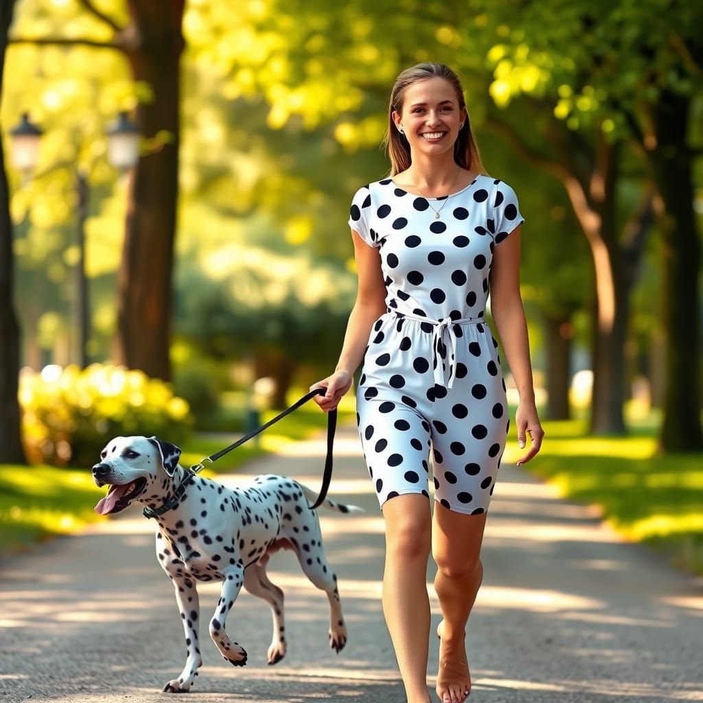 Woman and Dalmatian in Polka Dots on Park Path