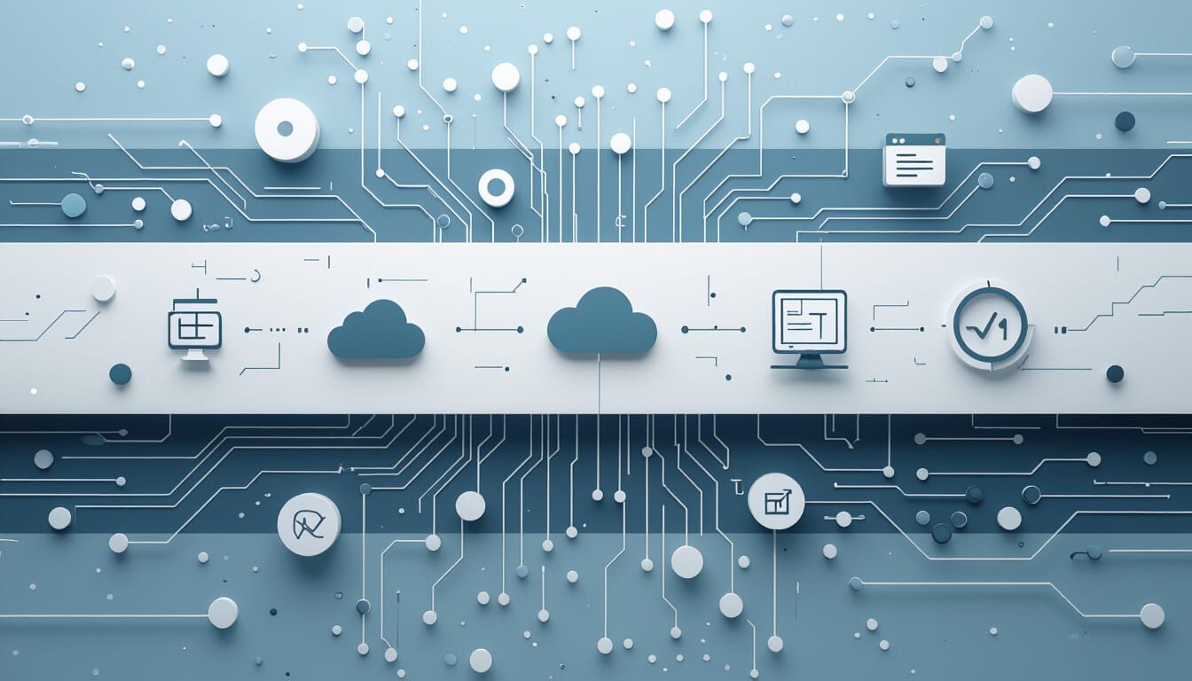 Minimalist Tech Banner with Software Icons in Blue and Gray