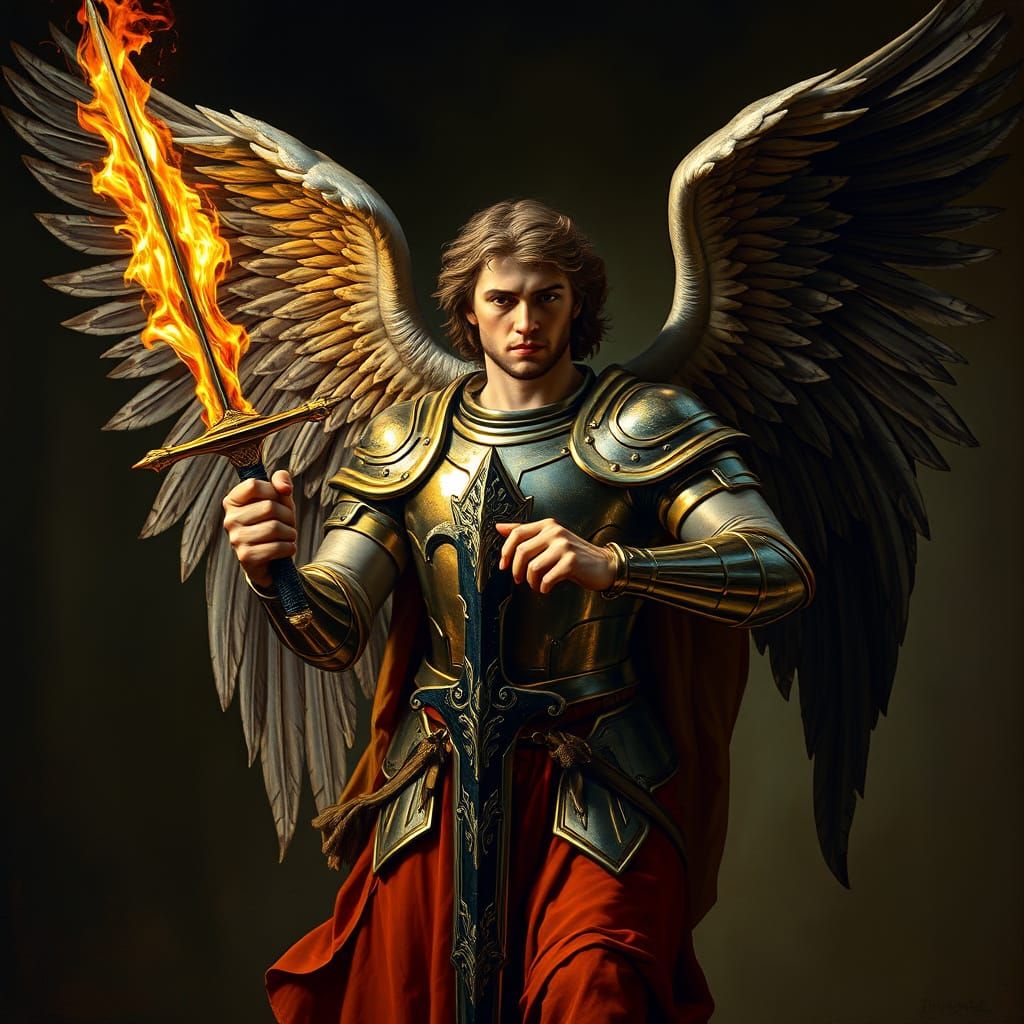 Renaissance Angel in Radiant Armor Descends with Flaming Swo...
