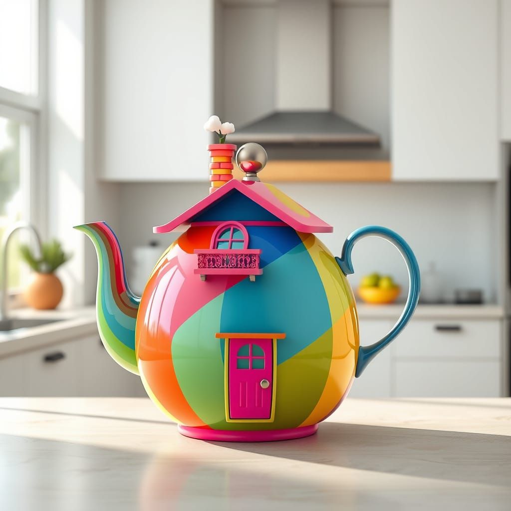Whimsical Teapot House in Modern Kitchen, Pop Art Style