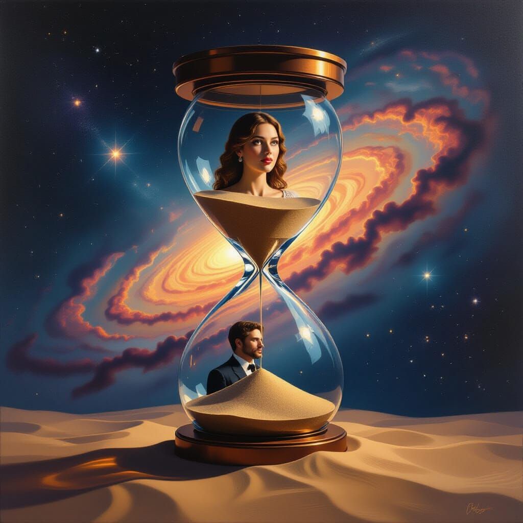 Cosmic Hourglass: Man and Woman Portraits in Surreal Space