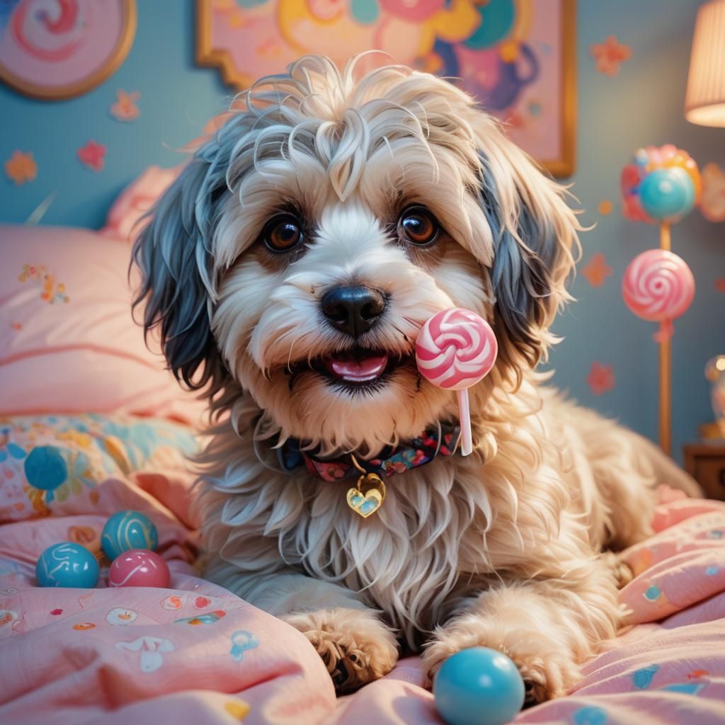 Cute Havanese Monster with Lollipop in Dreamy Bedroom